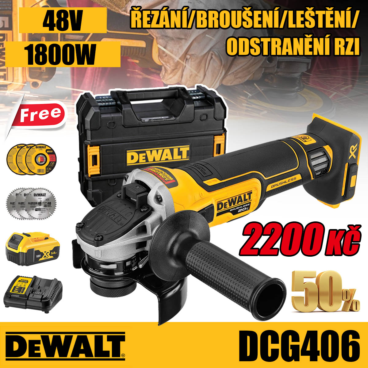 [Dobírka + doručení z domu do domu] Bezuhlíková lithium-iontová akumulátorová úhlová bruska DEWALT DCG406 je po omezenou dobu se slevou 50 % pouze pro prvních 100 uživatelů, kteří zadají objednávku