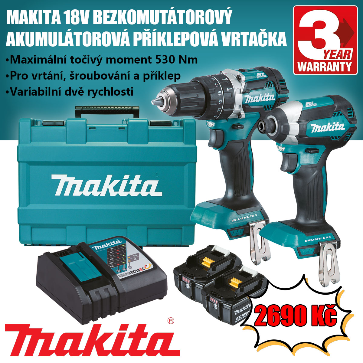 🚚 Posledních 500 kusů!Sada akumulátorového nářadí Makita XT269M 18V za akční cenu pouze 2690 CZK!