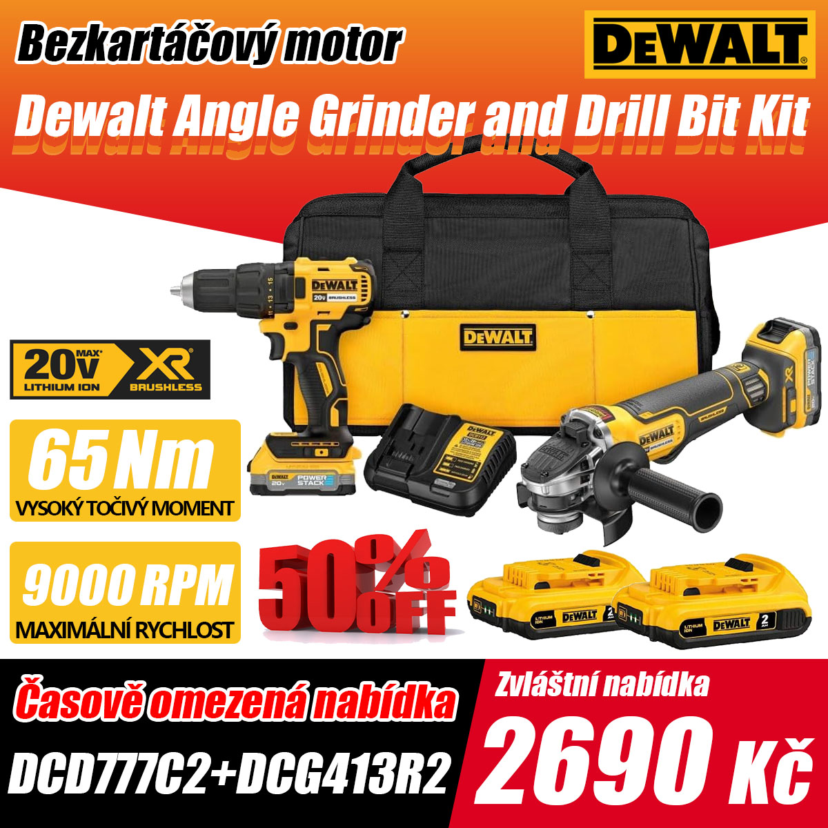 【DEWALT 100th Anniversary – Jubilejní výprodej】Sada Dewalt: úhlová bruska + vrtačka Běžná cena: 5.380 Kč Akční cena: 2.690 Kč K dispozici pouze 300 sad! Objednejte nyní!