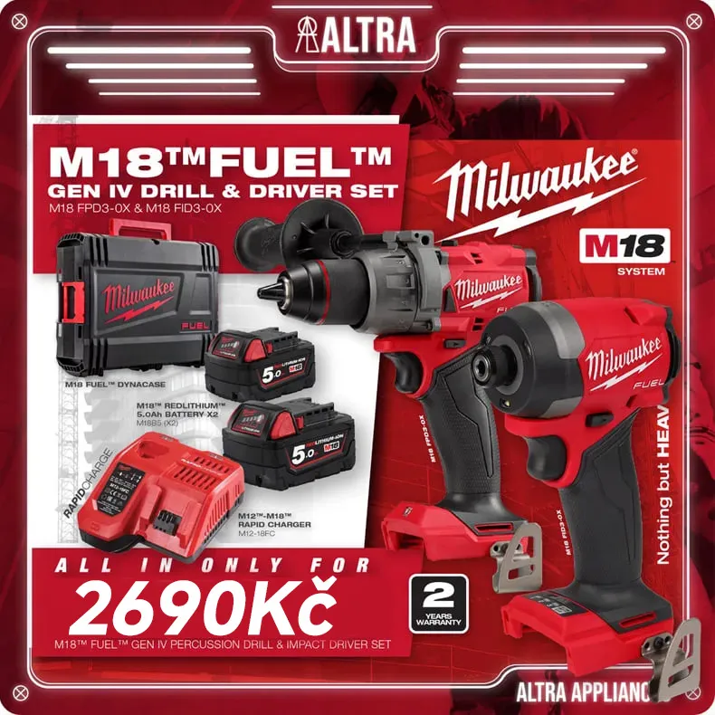 Veletrh Milwaukee v Německu - kombinovaná sada akumulátorového rázového kladiva a 18V šroubováku Milwaukee, dostupná v limitované nabídce pouze za 2.690,00 Kč.