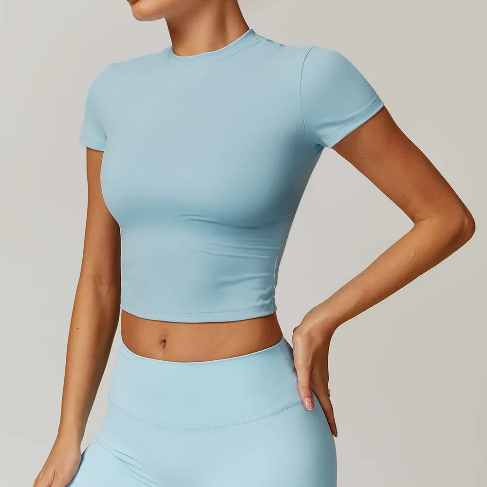 Women's Quick-Drying Yoga Top Short-Sleeved Fitness Blouse for Outdoor Running With Logo on Front Gym Wear Women