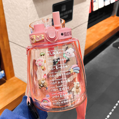 Large Capacity Plastic Water Cup Online Celebrity Pudding Student Big Belly Cup Children Cute Portable Cartoon Double Drink Cup with Straw