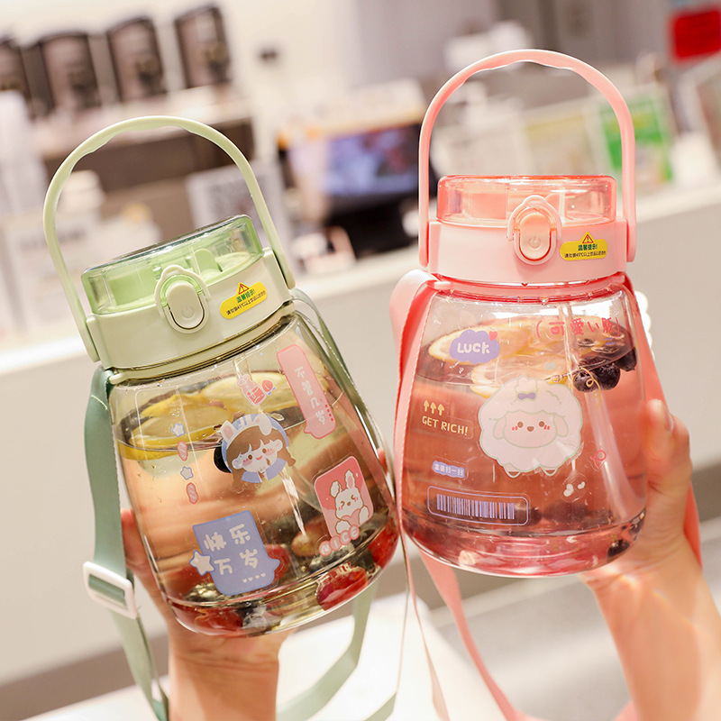 Large Capacity Plastic Water Cup Online Celebrity Pudding Student Big Belly Cup Children Cute Portable Cartoon Double Drink Cup with Straw