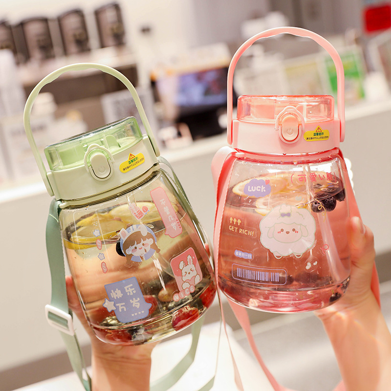 Large Capacity Plastic Water Cup Online Celebrity Pudding Student Big Belly Cup Children Cute Portable Cartoon Double Drink Cup with Straw