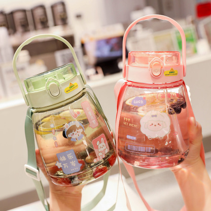 Large Capacity Plastic Water Cup Online Celebrity Pudding Student Big Belly Cup Children Cute Portable Cartoon Double Drink Cup with Straw
