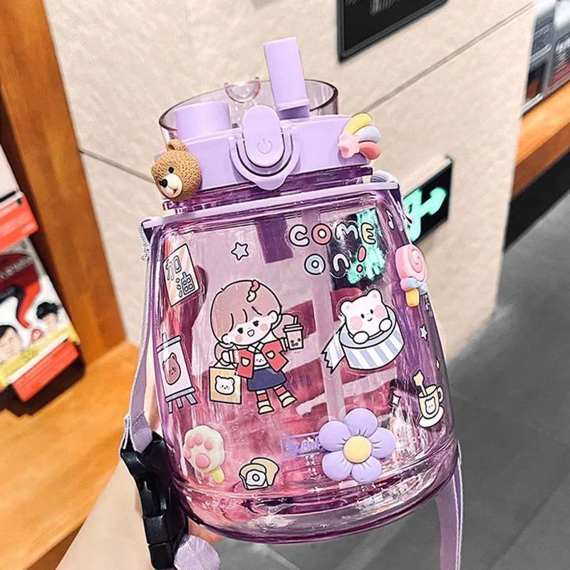 Large Capacity Plastic Water Cup Online Celebrity Pudding Student Big Belly Cup Children Cute Portable Cartoon Double Drink Cup with Straw