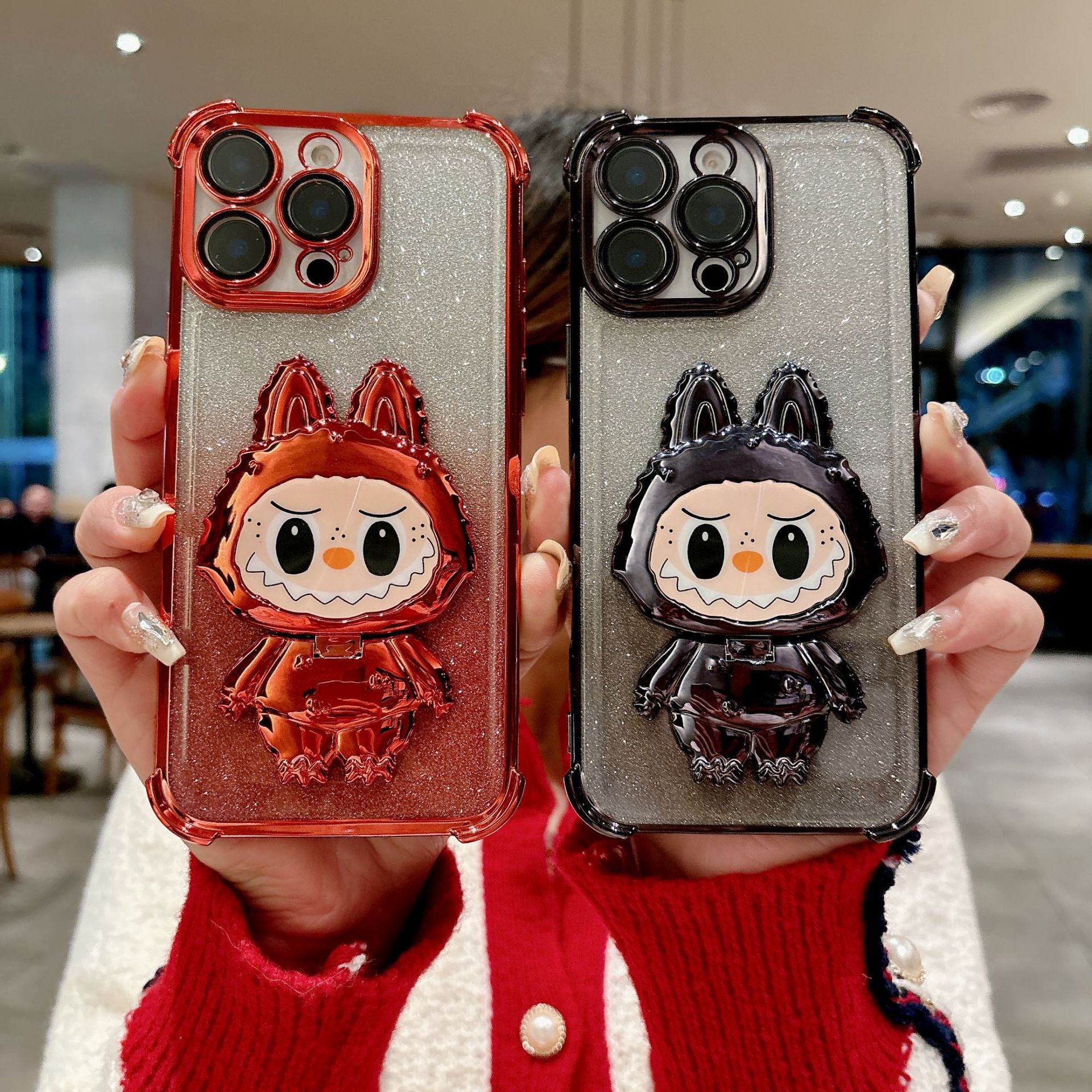 Compatible with iPhone 16 Electroplated Airbag Shockproof Phone Case with Fabric Magnetic Stand and Makeup Mirror Soft Case for iPhone 15