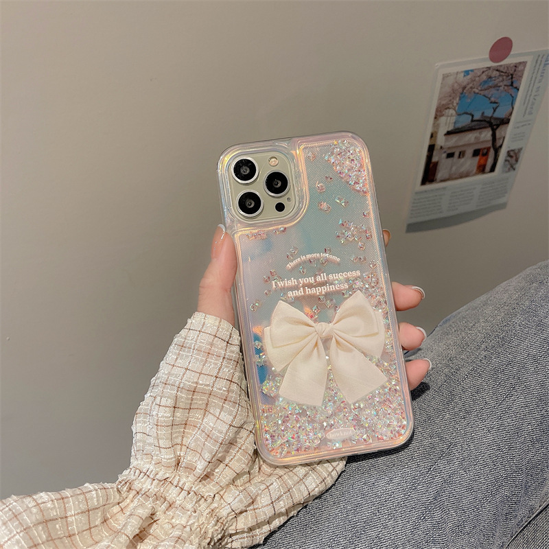 Quicksand Bow for Apple 16 Phone Case 14promax Transparent 15/13 Soft Case 11 Protective Case 12 Female