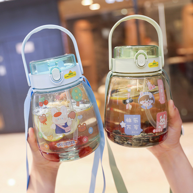 Large Capacity Plastic Water Cup Online Celebrity Pudding Student Big Belly Cup Children Cute Portable Cartoon Double Drink Cup with Straw