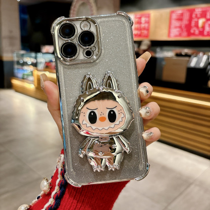 Compatible with iPhone 16 Electroplated Airbag Shockproof Phone Case with Fabric Magnetic Stand and Makeup Mirror Soft Case for iPhone 15