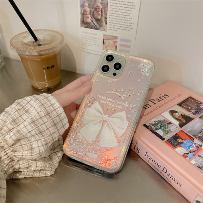 Quicksand Bow for Apple 16 Phone Case 14promax Transparent 15/13 Soft Case 11 Protective Case 12 Female