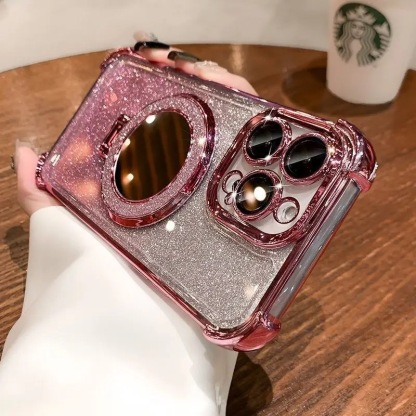 Glitter Mirror Magnetic Stand iPhone 14 Compatible Apple 15 Phone Case Simple Four-Corner Transparent Electroplated Soft Case