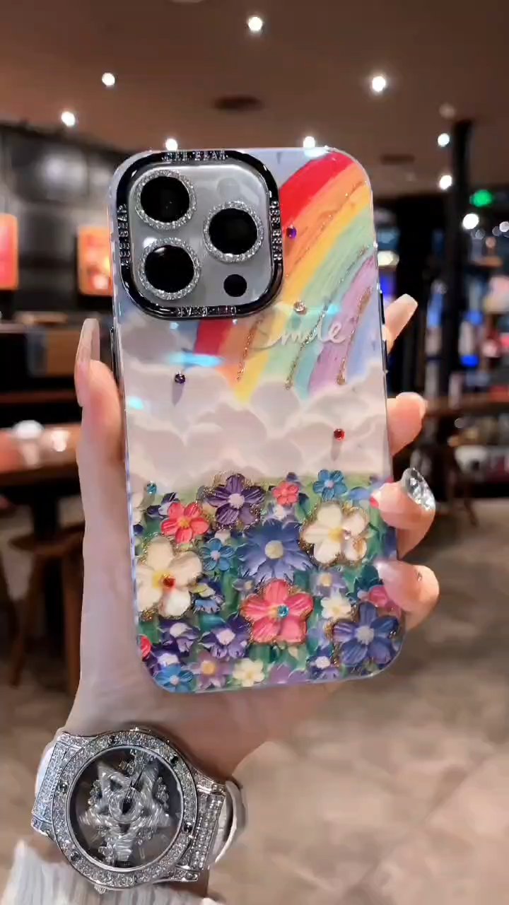 Oil Painting Huahai for Iphone15promax Phone Case Rainbow Luxury Rhinestone Apple 14 Drop-Resistant Protective Case