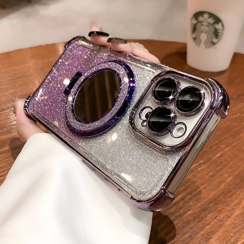 Glitter Mirror Magnetic Stand iPhone 14 Compatible Apple 15 Phone Case Simple Four-Corner Transparent Electroplated Soft Case