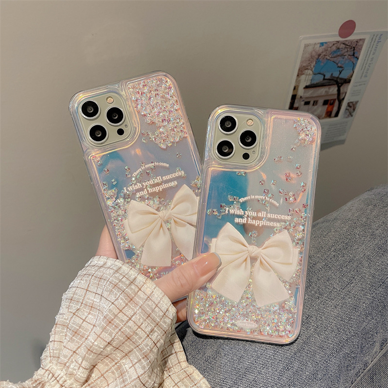 Quicksand Bow for Apple 16 Phone Case 14promax Transparent 15/13 Soft Case 11 Protective Case 12 Female