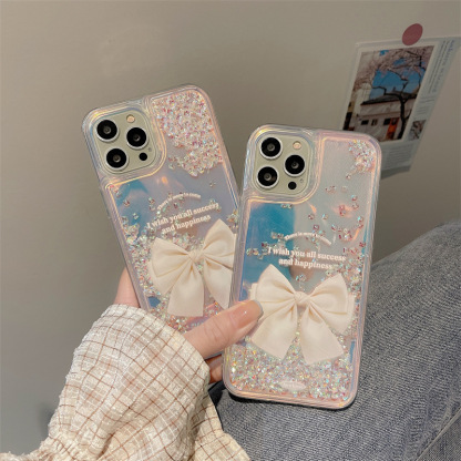 Quicksand Bow for Apple 16 Phone Case 14promax Transparent 15/13 Soft Case 11 Protective Case 12 Female