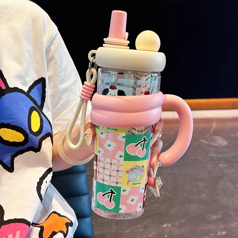 New High-Quality Large Capacity Ins Style Straw Water Cup for Women Office Flower Tea Cup Cute Gift Plastic Cup