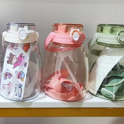 Large Capacity Plastic Water Cup Online Celebrity Pudding Student Big Belly Cup Children Cute Portable Cartoon Double Drink Cup with Straw