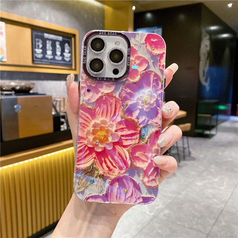 Oil Painting Huahai for Iphone15promax Phone Case Rainbow Luxury Rhinestone Apple 14 Drop-Resistant Protective Case
