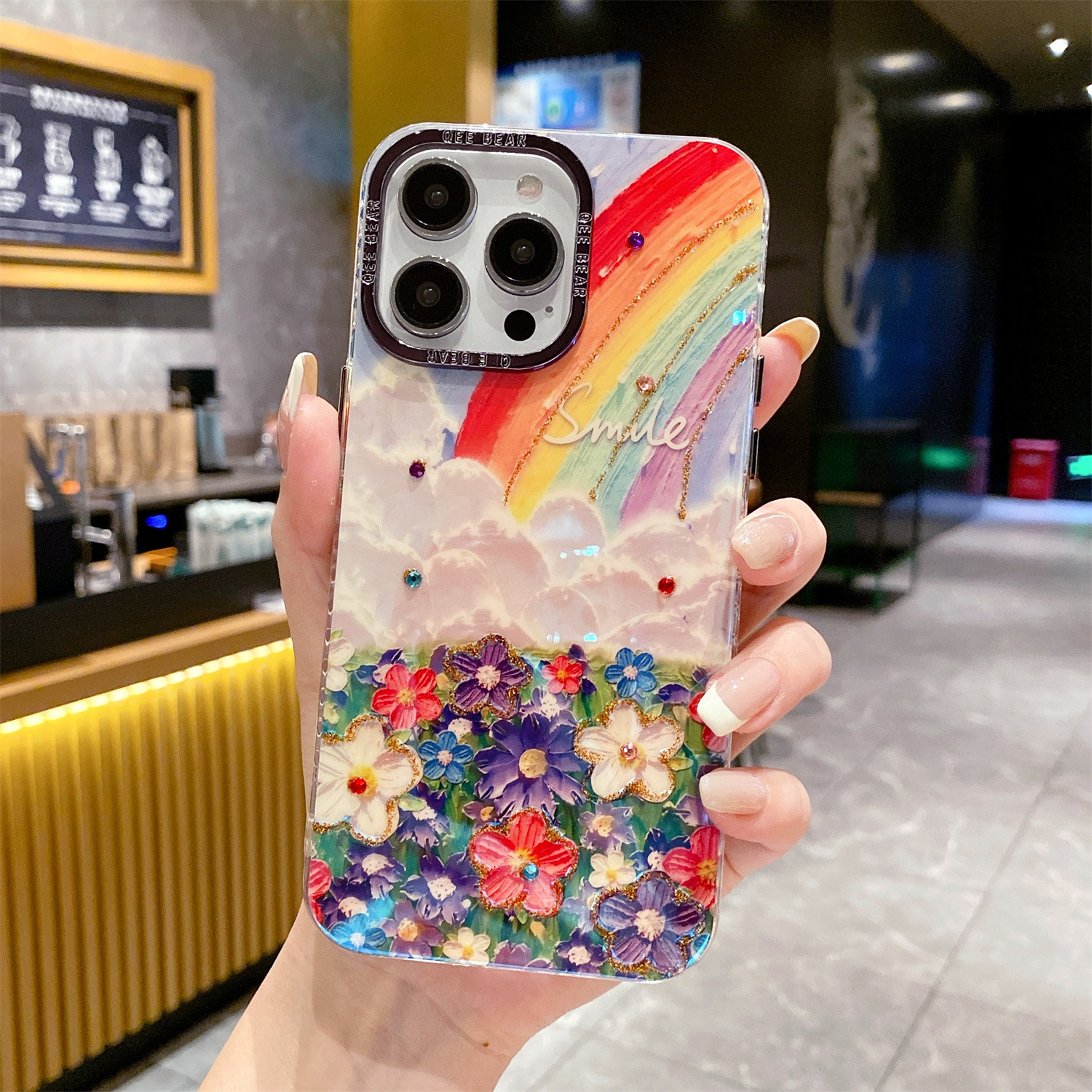 Oil Painting Huahai for Iphone15promax Phone Case Rainbow Luxury Rhinestone Apple 14 Drop-Resistant Protective Case