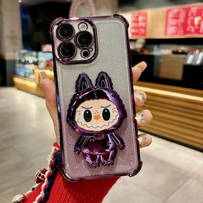Compatible with iPhone 16 Electroplated Airbag Shockproof Phone Case with Fabric Magnetic Stand and Makeup Mirror Soft Case for iPhone 15