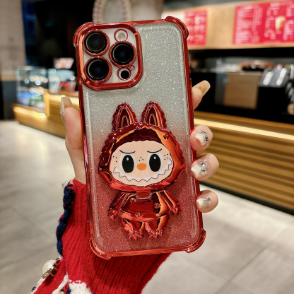 Compatible with iPhone 16 Electroplated Airbag Shockproof Phone Case with Fabric Magnetic Stand and Makeup Mirror Soft Case for iPhone 15