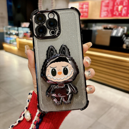 Compatible with iPhone 16 Electroplated Airbag Shockproof Phone Case with Fabric Magnetic Stand and Makeup Mirror Soft Case for iPhone 15