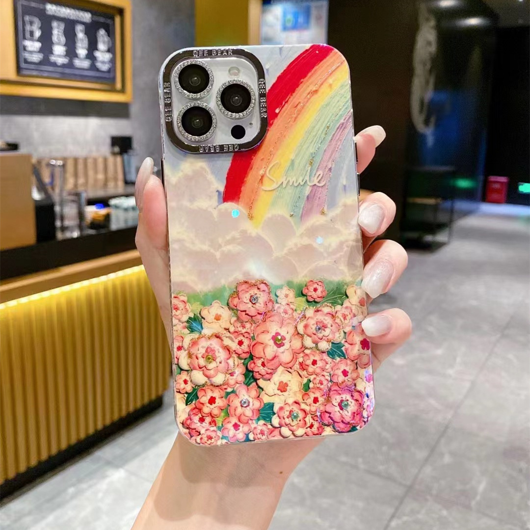Oil Painting Huahai for Iphone15promax Phone Case Rainbow Luxury Rhinestone Apple 14 Drop-Resistant Protective Case