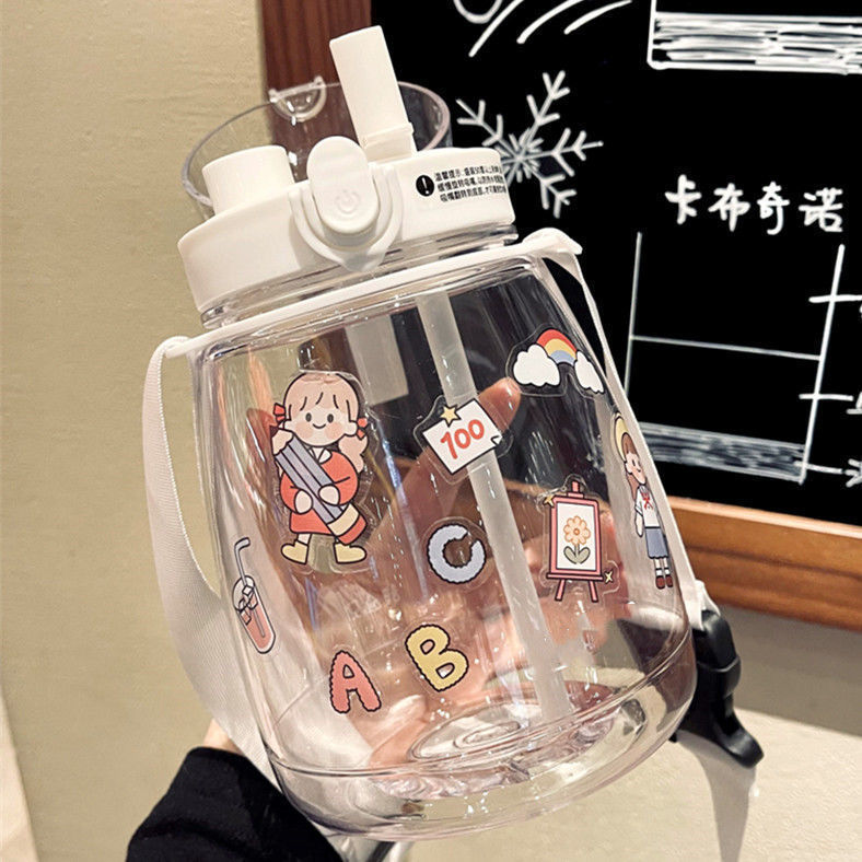 Large Capacity Plastic Water Cup Online Celebrity Pudding Student Big Belly Cup Children Cute Portable Cartoon Double Drink Cup with Straw