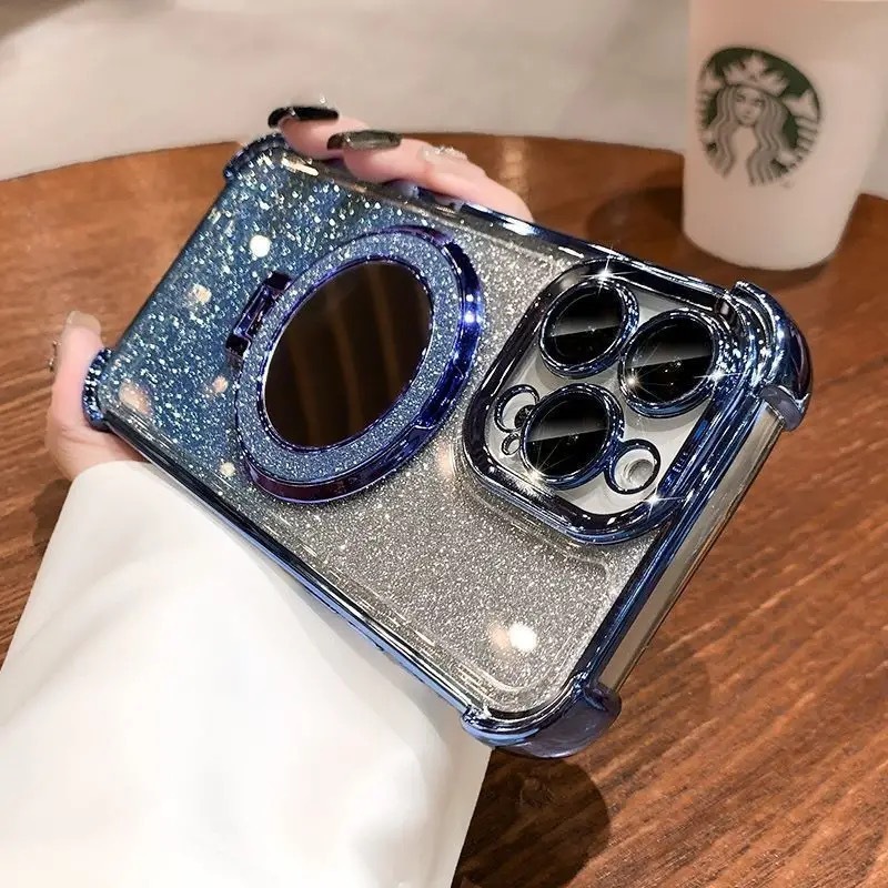 Glitter Mirror Magnetic Stand iPhone 14 Compatible Apple 15 Phone Case Simple Four-Corner Transparent Electroplated Soft Case