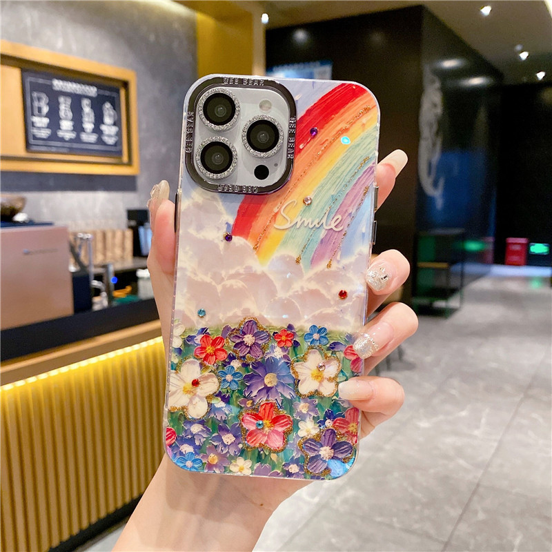 Oil Painting Huahai for Iphone15promax Phone Case Rainbow Luxury Rhinestone Apple 14 Drop-Resistant Protective Case