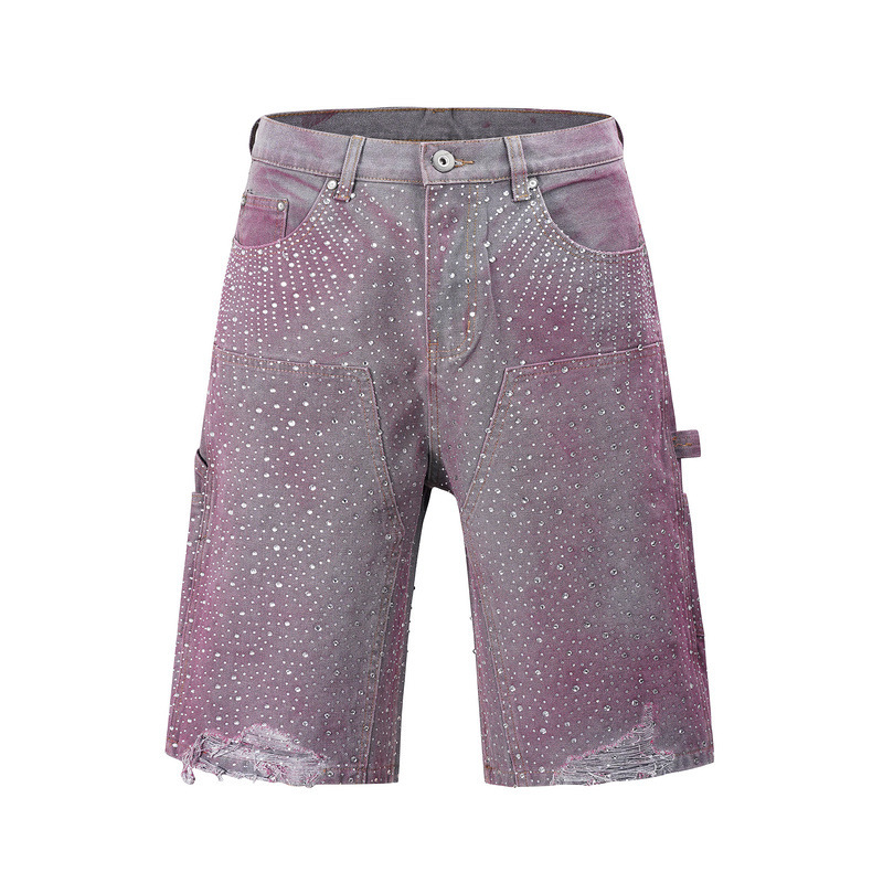 Diamond-encrusted Cropped Denim Shorts
