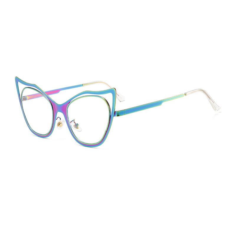 New Fashionable Colorful Cat-Eye Metal Sunglasses with Blue Light Blocking – Trendy Street Style Glasses for Everyday Wear (Plano Lens)