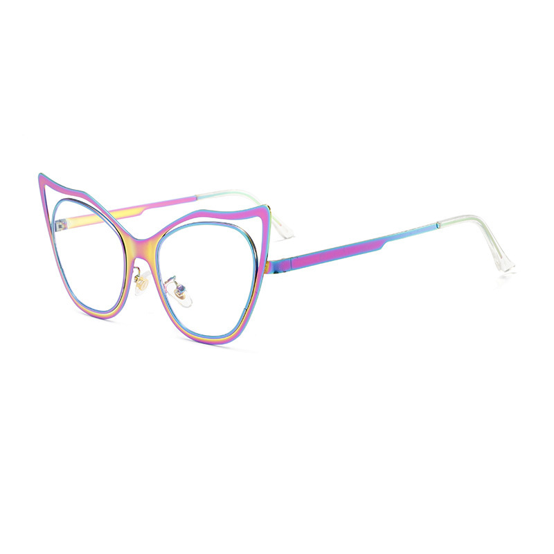 New Fashionable Colorful Cat-Eye Metal Sunglasses with Blue Light Blocking – Trendy Street Style Glasses for Everyday Wear (Plano Lens)