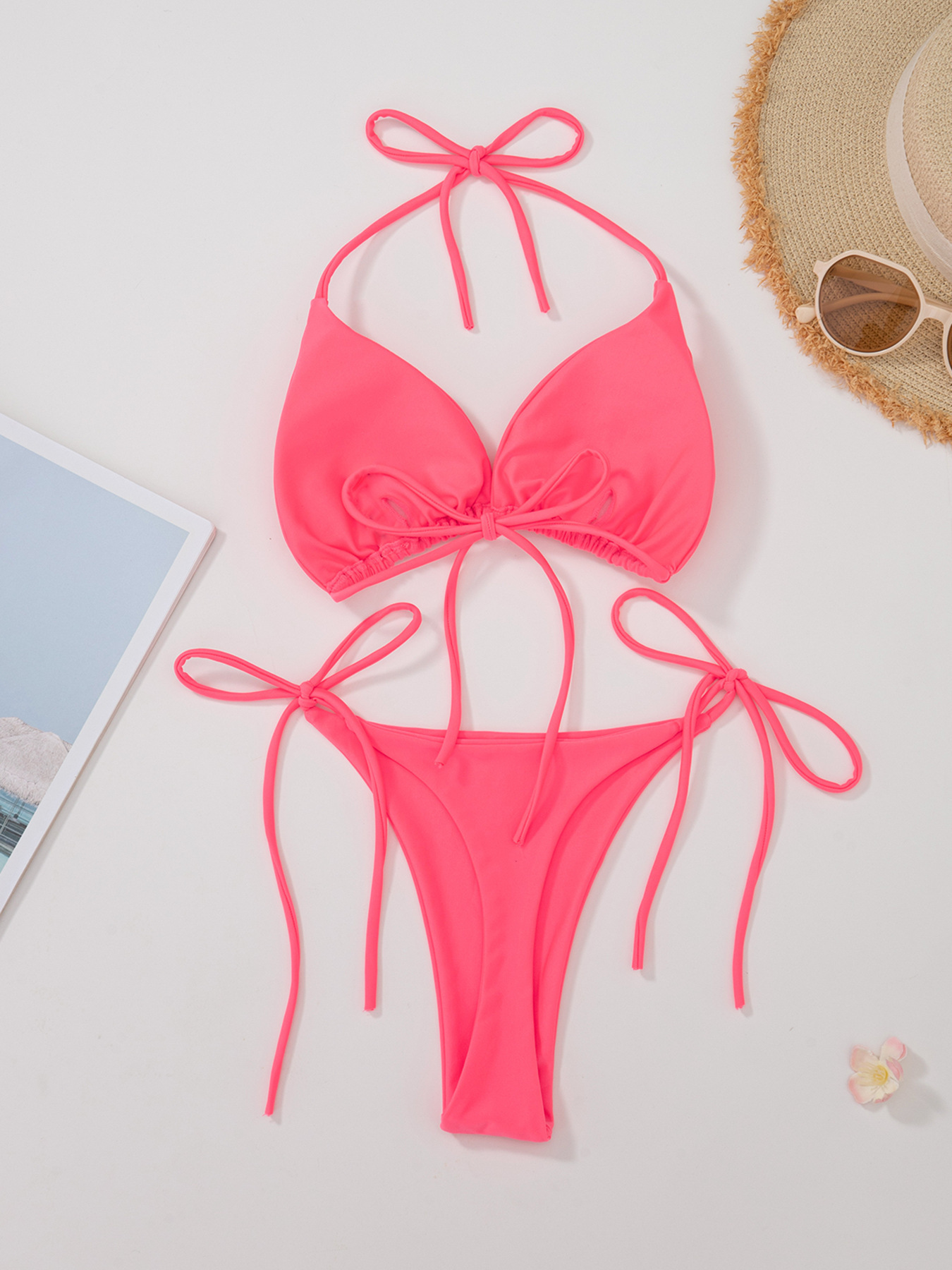 New Style European and American Solid Color Sexy Tie Rope Hot Girl Temperament Women's Fashion Bikini Swimsuit Two-Piece Tight-Fitting