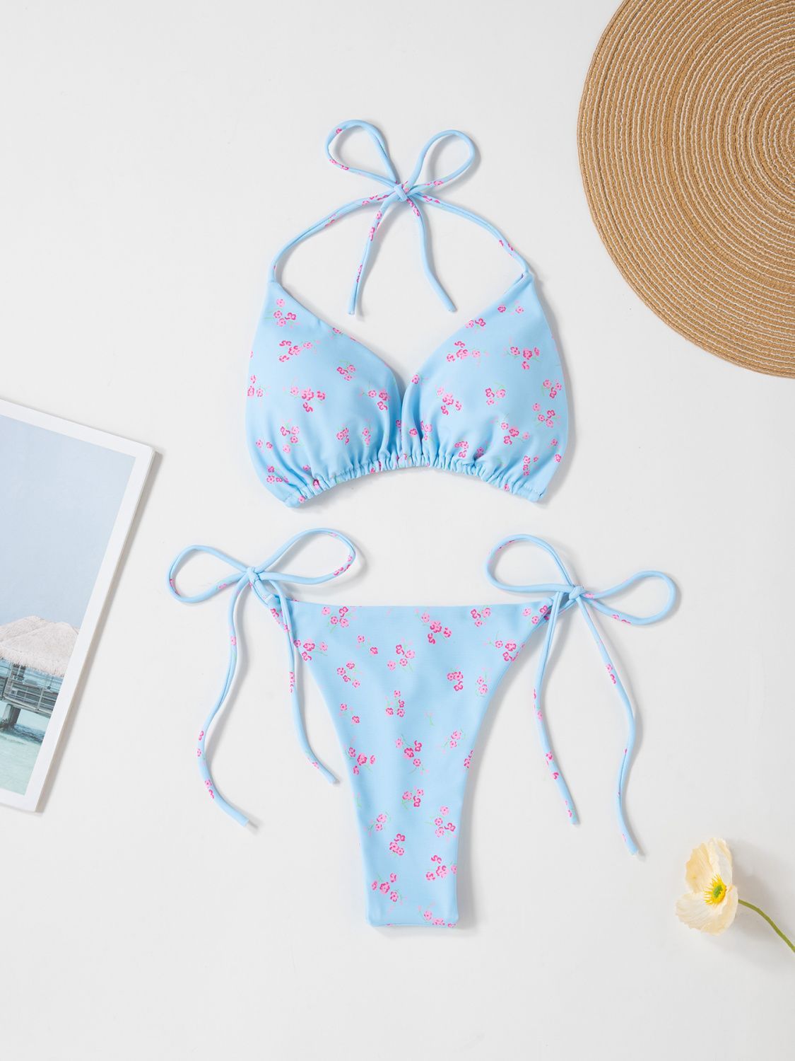 New Style European and American Solid Color Sexy Tie Rope Hot Girl Temperament Women's Fashion Bikini Swimsuit Two-Piece Tight-Fitting