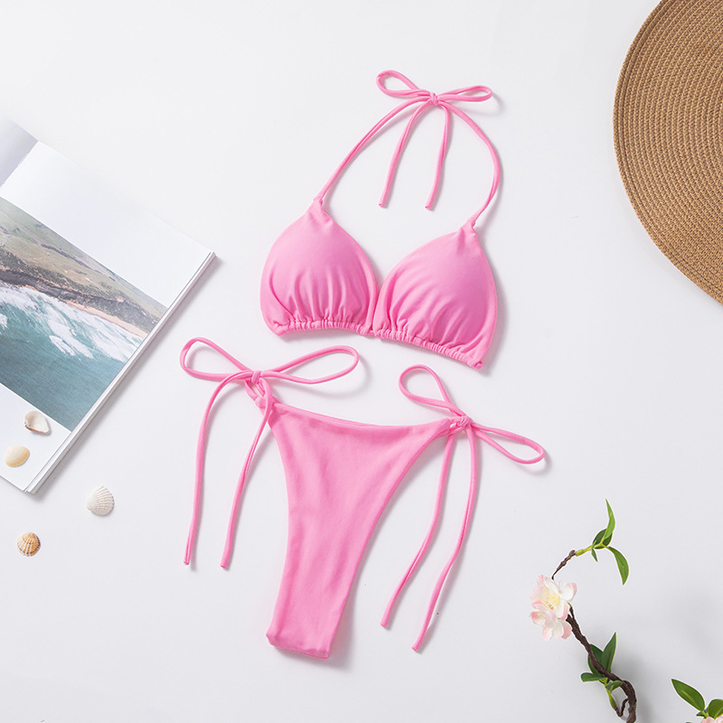 New Style European and American Solid Color Sexy Tie Rope Hot Girl Temperament Women's Fashion Bikini Swimsuit Two-Piece Tight-Fitting