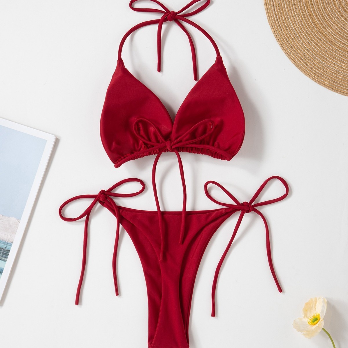 New Style European and American Solid Color Sexy Tie Rope Hot Girl Temperament Women's Fashion Bikini Swimsuit Two-Piece Tight-Fitting