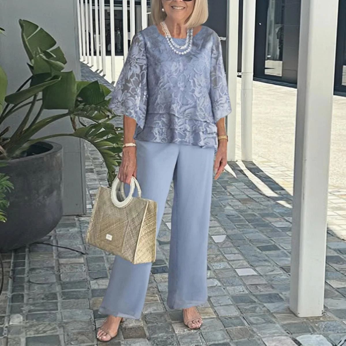 2025 foreign trade European and American chiffon print suit elegant round neck mid-sleeve top pants two-piece set