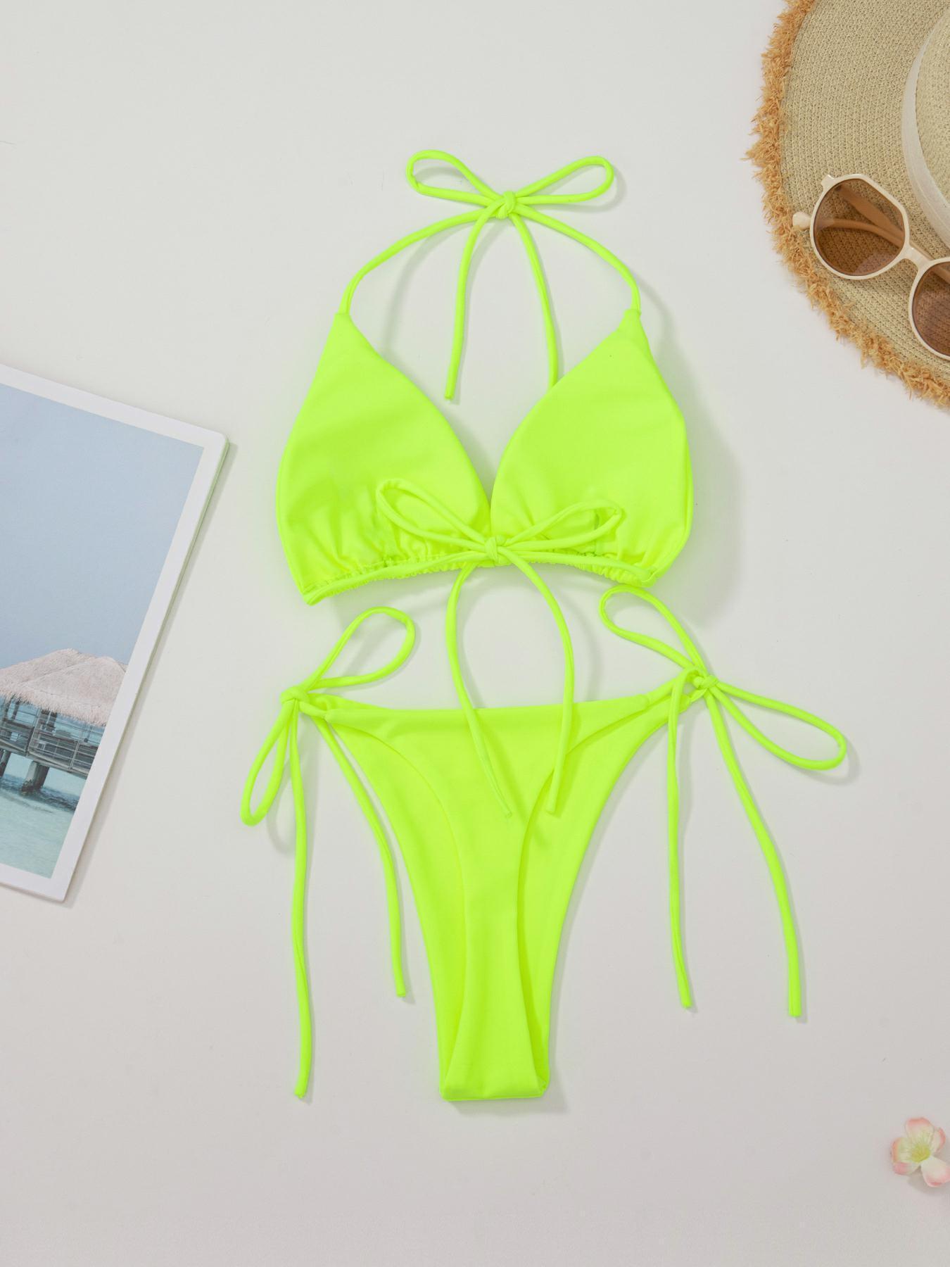New Style European and American Solid Color Sexy Tie Rope Hot Girl Temperament Women's Fashion Bikini Swimsuit Two-Piece Tight-Fitting