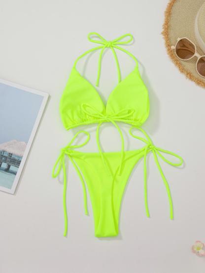 New Style European and American Solid Color Sexy Tie Rope Hot Girl Temperament Women's Fashion Bikini Swimsuit Two-Piece Tight-Fitting
