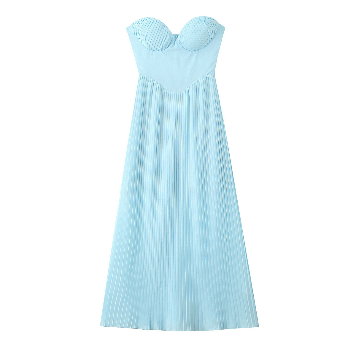 European and American French Style Blue Strapless Long Dress for Women with Design Sense, Pleated Elegant Waist-Cinching Off-Shoulder Party Dress