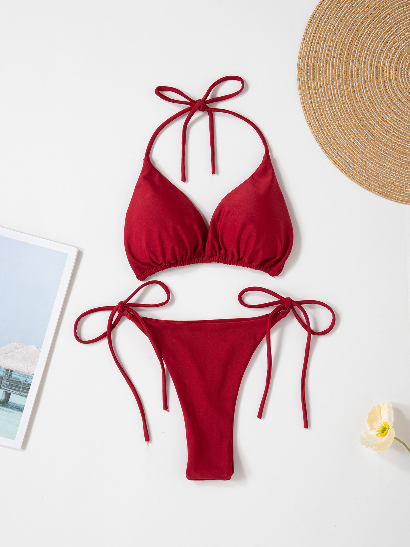 New Style European and American Solid Color Sexy Tie Rope Hot Girl Temperament Women's Fashion Bikini Swimsuit Two-Piece Tight-Fitting