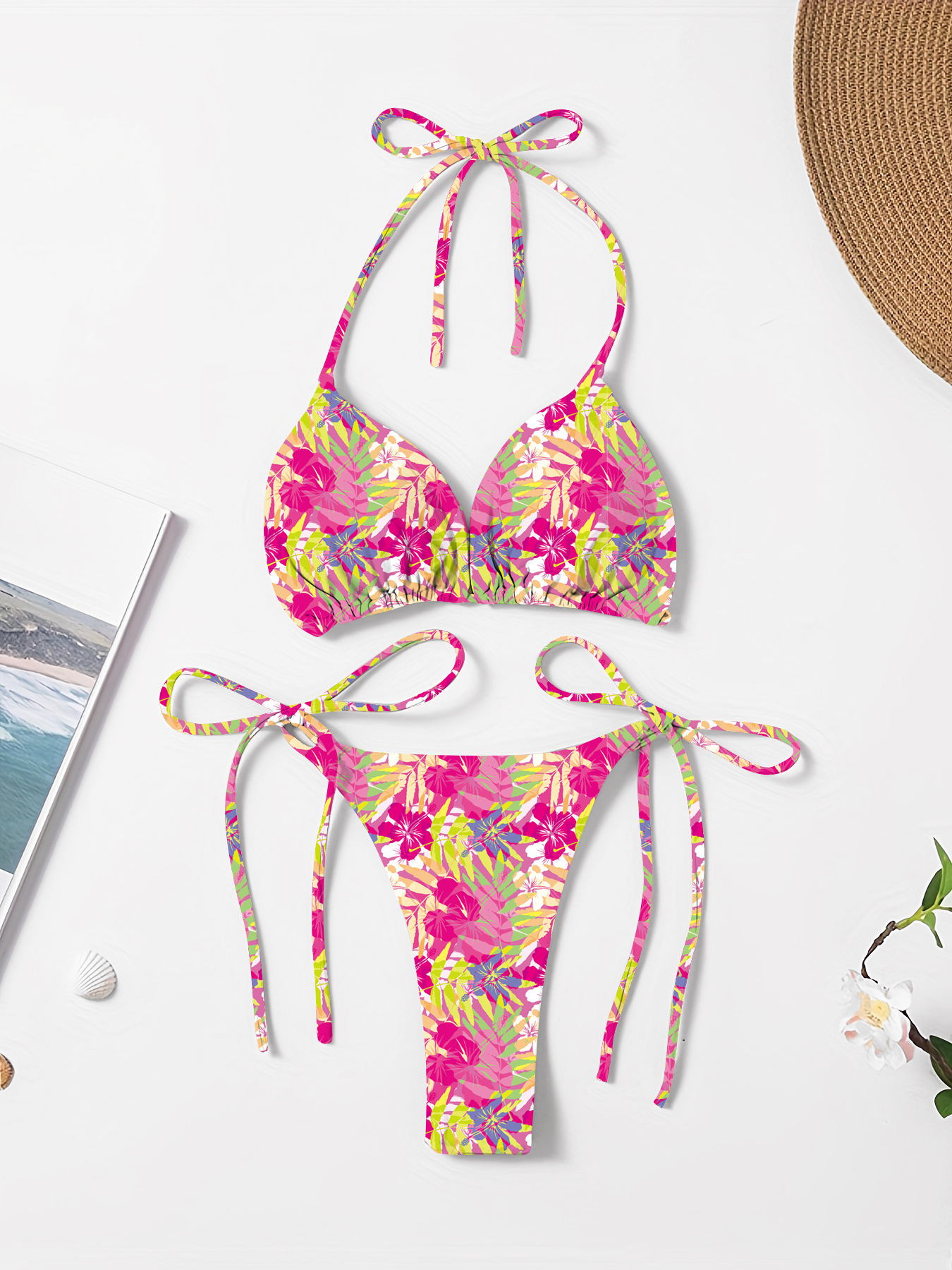 New Style European and American Solid Color Sexy Tie Rope Hot Girl Temperament Women's Fashion Bikini Swimsuit Two-Piece Tight-Fitting