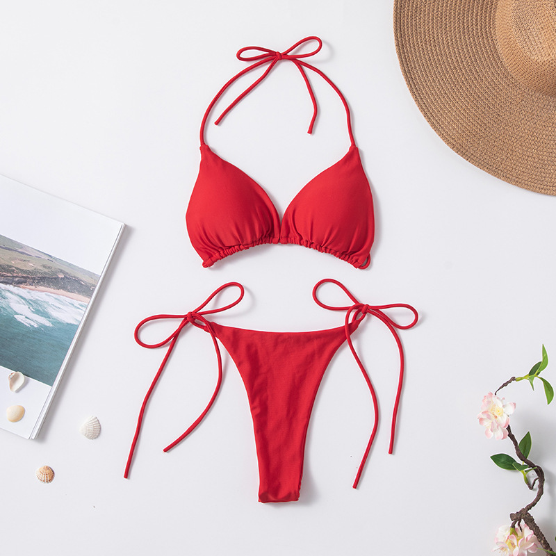 New Style European and American Solid Color Sexy Tie Rope Hot Girl Temperament Women's Fashion Bikini Swimsuit Two-Piece Tight-Fitting