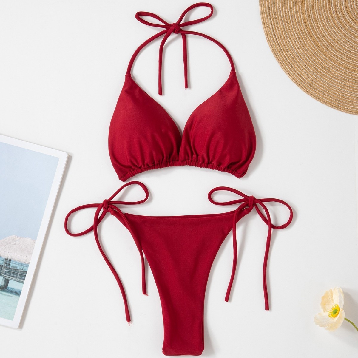 New Style European and American Solid Color Sexy Tie Rope Hot Girl Temperament Women's Fashion Bikini Swimsuit Two-Piece Tight-Fitting