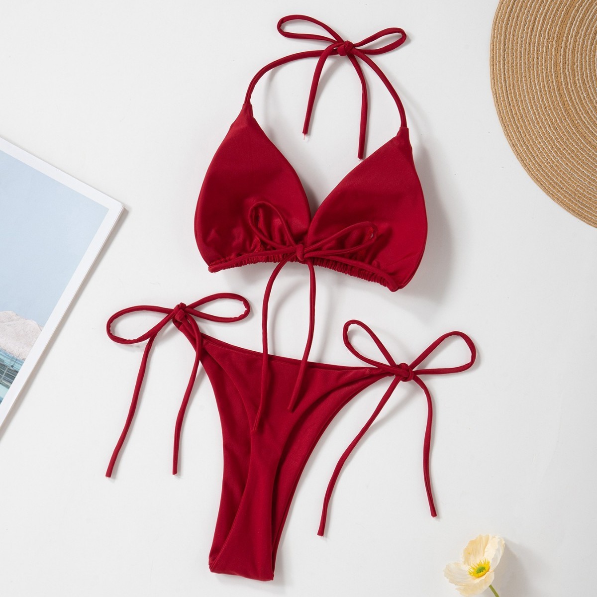 New Style European and American Solid Color Sexy Tie Rope Hot Girl Temperament Women's Fashion Bikini Swimsuit Two-Piece Tight-Fitting
