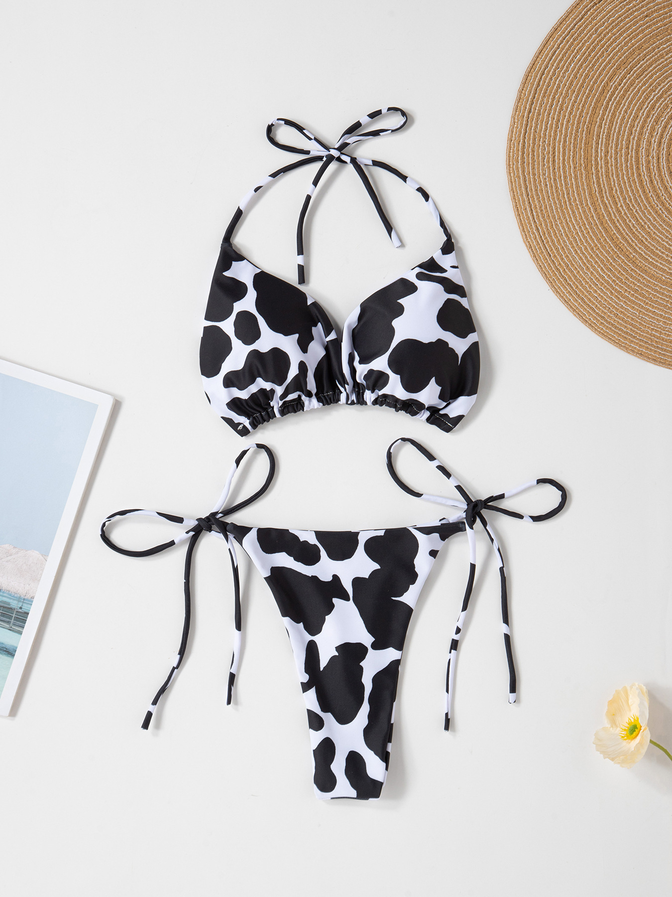 New Style European and American Solid Color Sexy Tie Rope Hot Girl Temperament Women's Fashion Bikini Swimsuit Two-Piece Tight-Fitting