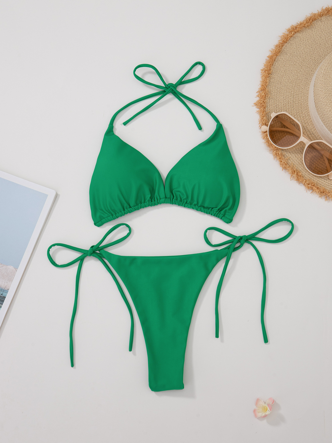New Style European and American Solid Color Sexy Tie Rope Hot Girl Temperament Women's Fashion Bikini Swimsuit Two-Piece Tight-Fitting