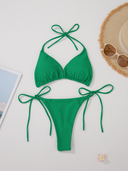 New Style European and American Solid Color Sexy Tie Rope Hot Girl Temperament Women's Fashion Bikini Swimsuit Two-Piece Tight-Fitting